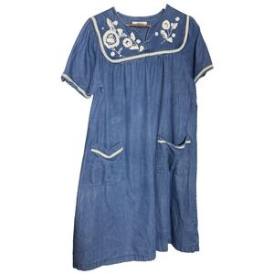 Go Softly Patio Dress S Embroidered Floral Denim Chambray Cottagecore boho